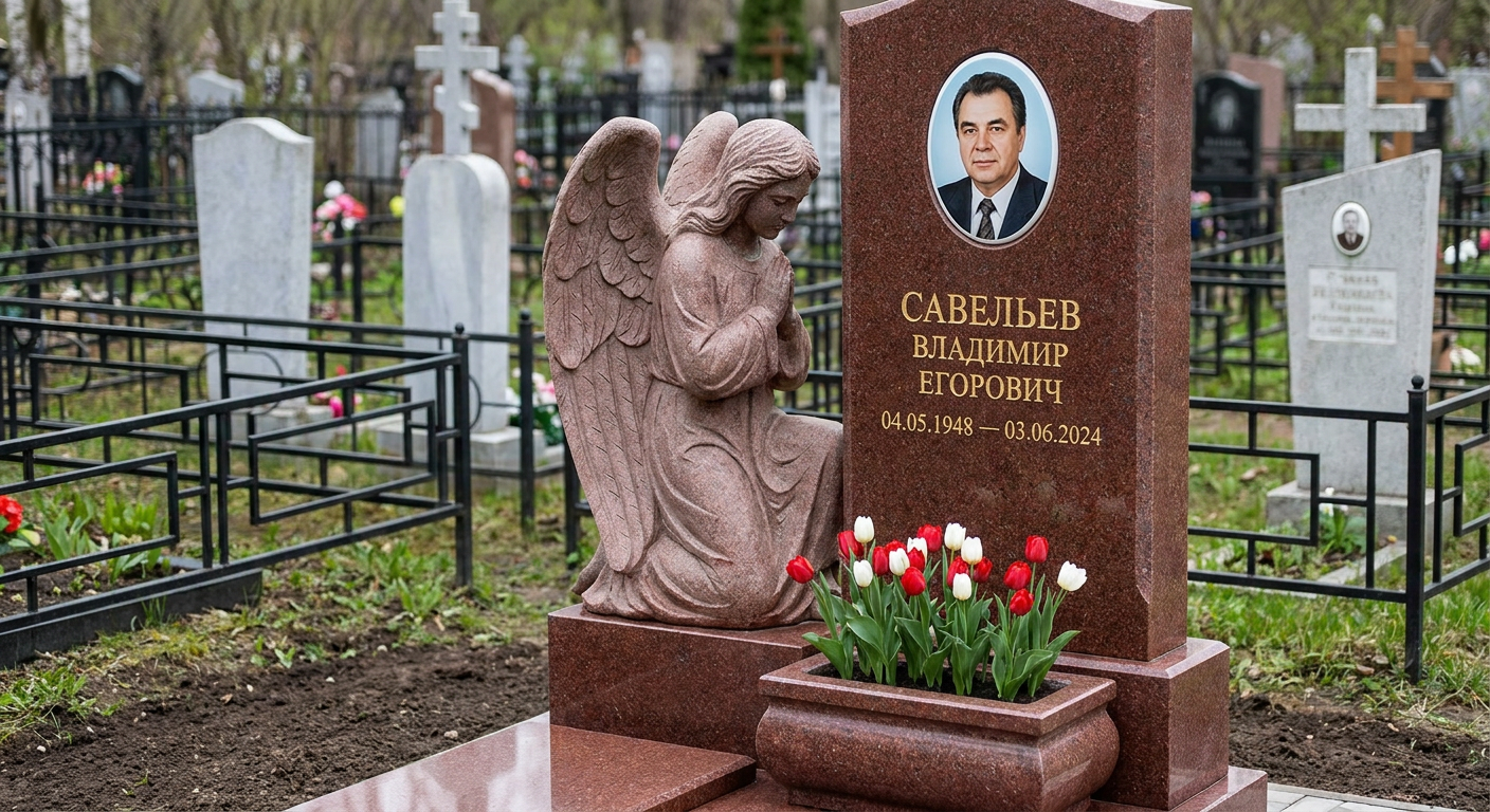 Пример дизайна: Памятник с коленопреклонённым ангелом из лезниковского гранита
