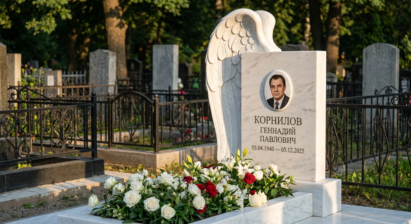 Пример дизайна: Памятник с обнимающим крылом ангела из белого мрамора
