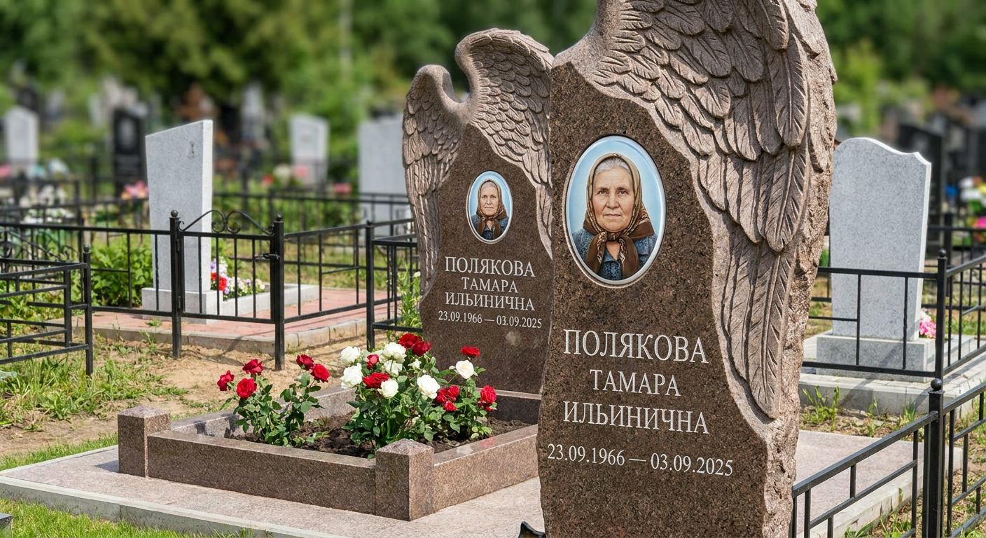 Пример дизайна: Памятник с ангельским крылом из дымовского гранита