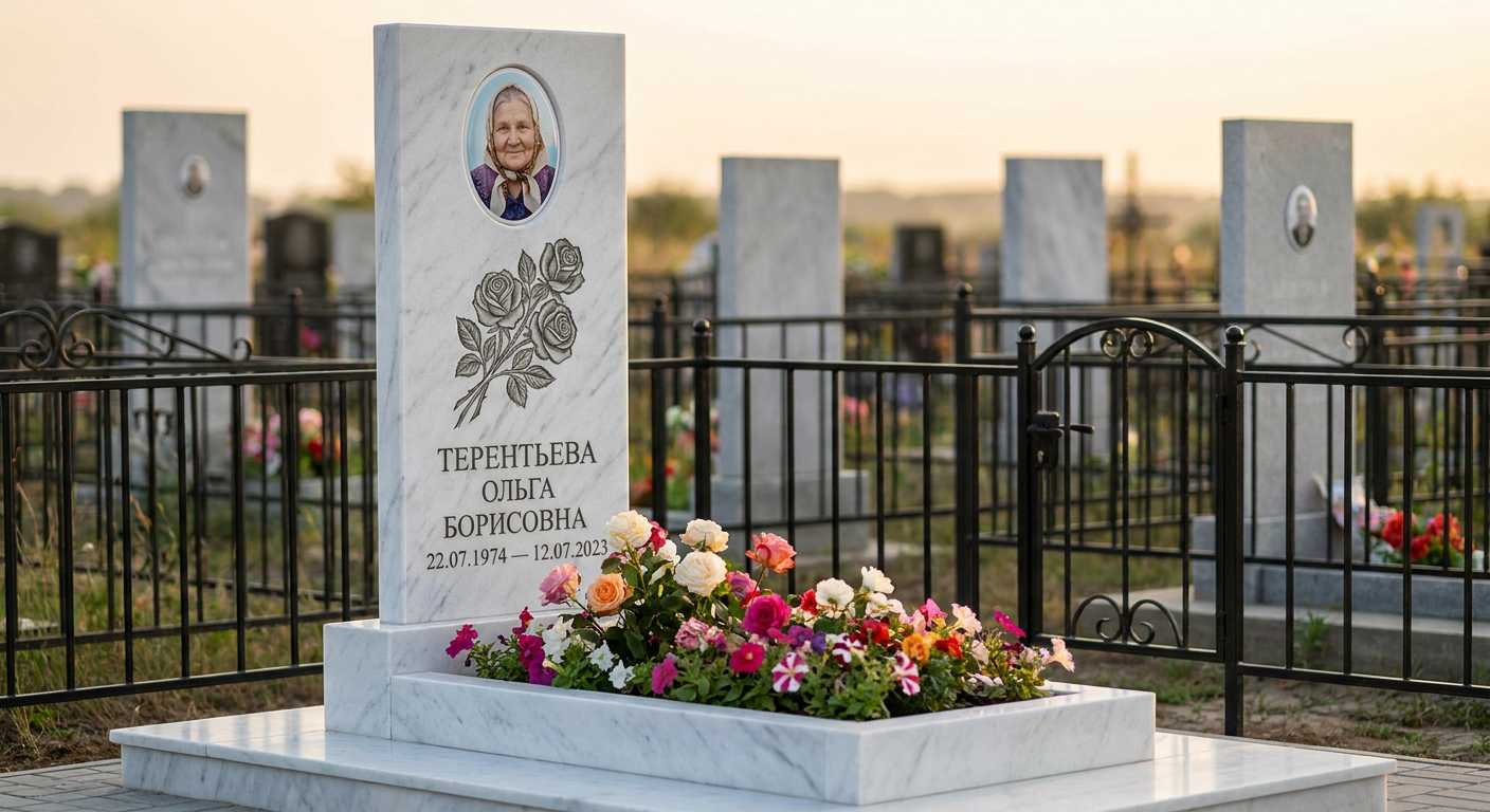 Пример дизайна: Памятник с розой из белого мрамора с портретом