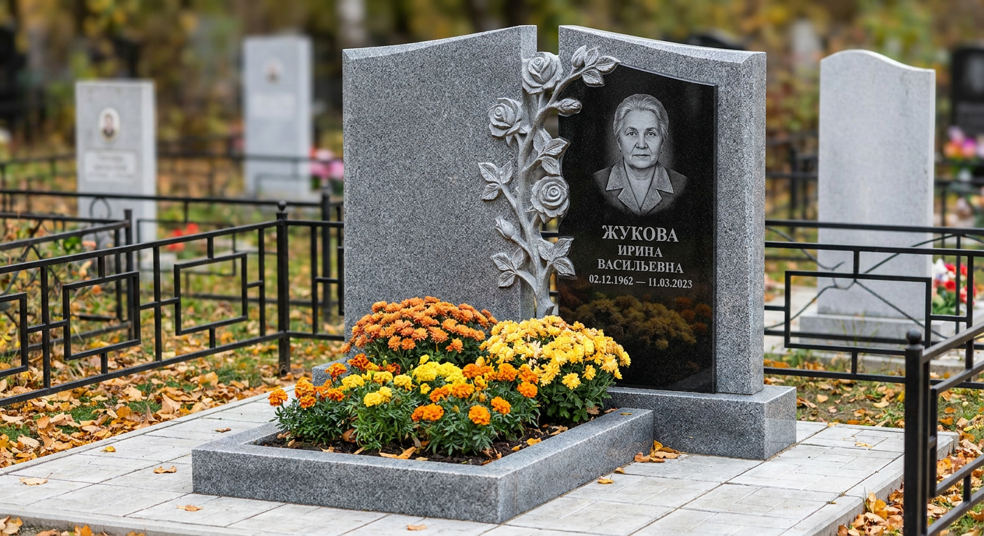 Пример дизайна: Памятник с розой на двух плитах из мансуровского гранита