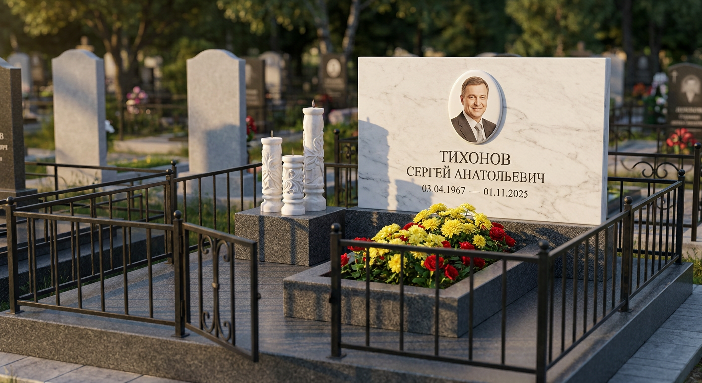 Пример дизайна: Памятник с тремя свечами из белого мрамора с фотопортретом