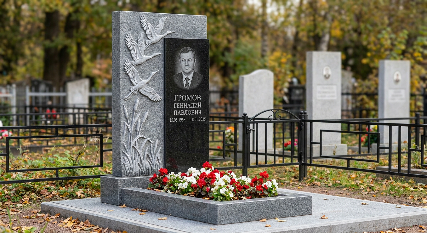 Пример дизайна: Памятник с журавлями из мансуровского гранита