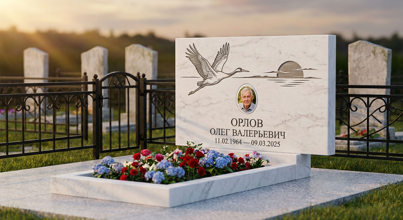 Пример дизайна: Памятник с журавлиным клином из белого мрамора