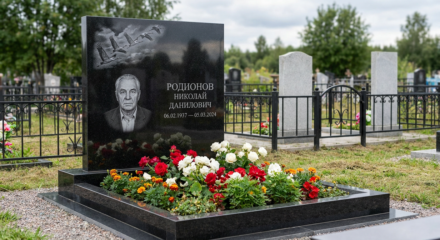 Пример дизайна: Памятник с клином журавлей из черного габбро-диабаза с портретом