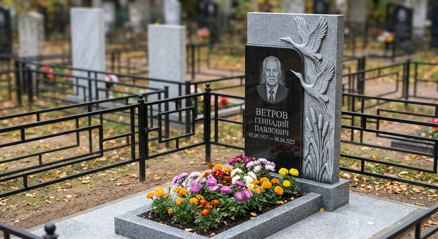 Пример дизайна: Памятник с журавлями из мансуровского гранита с портретом