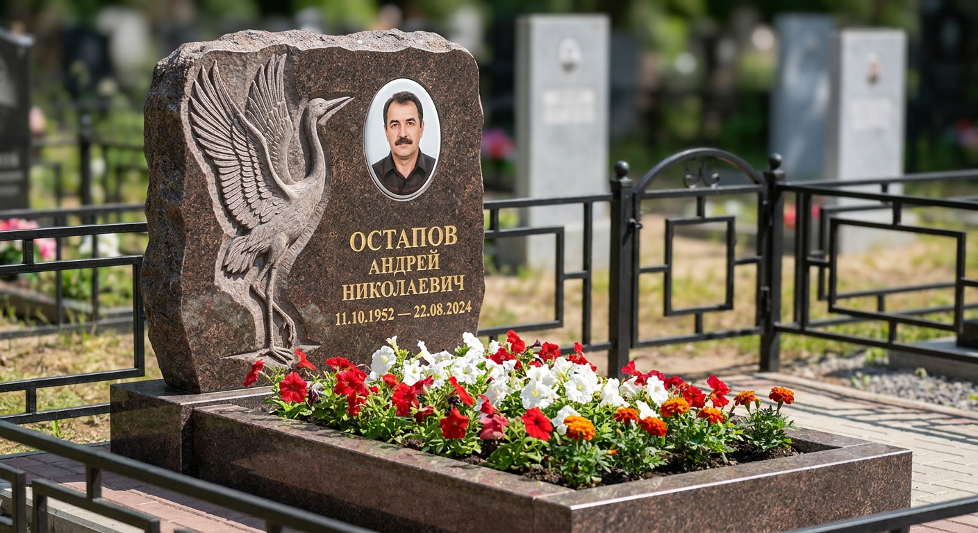 Пример дизайна: Памятник с журавлем и портретом из дымовского гранита