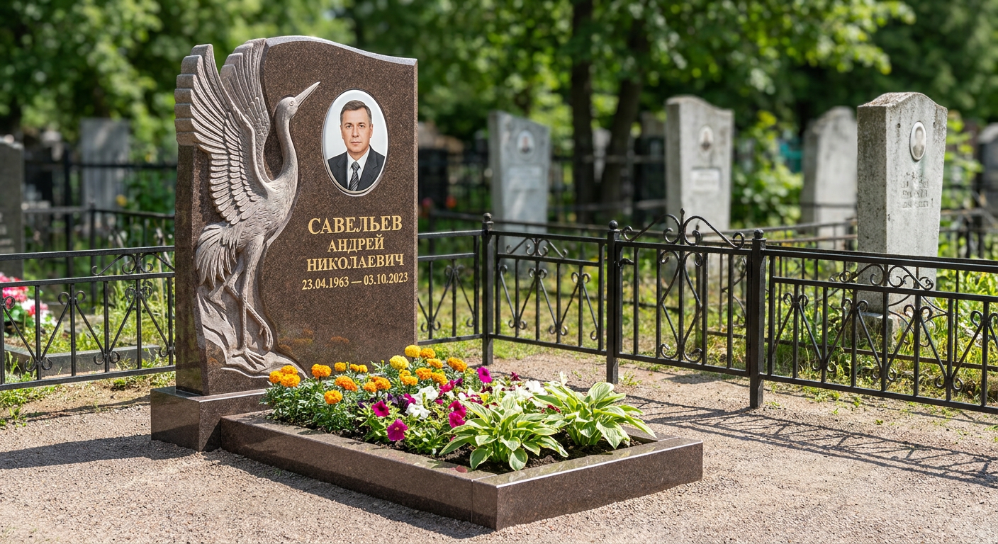 Пример дизайна: Гранитный памятник фигурный с гравировкой роз и оградой — фото и цена