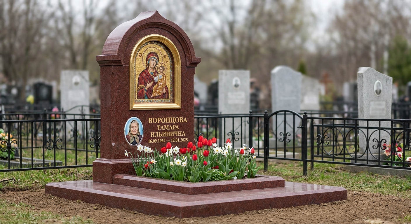 Пример дизайна: Комбинированный памятник прямоугольный с крестом и цветником — фото и цена