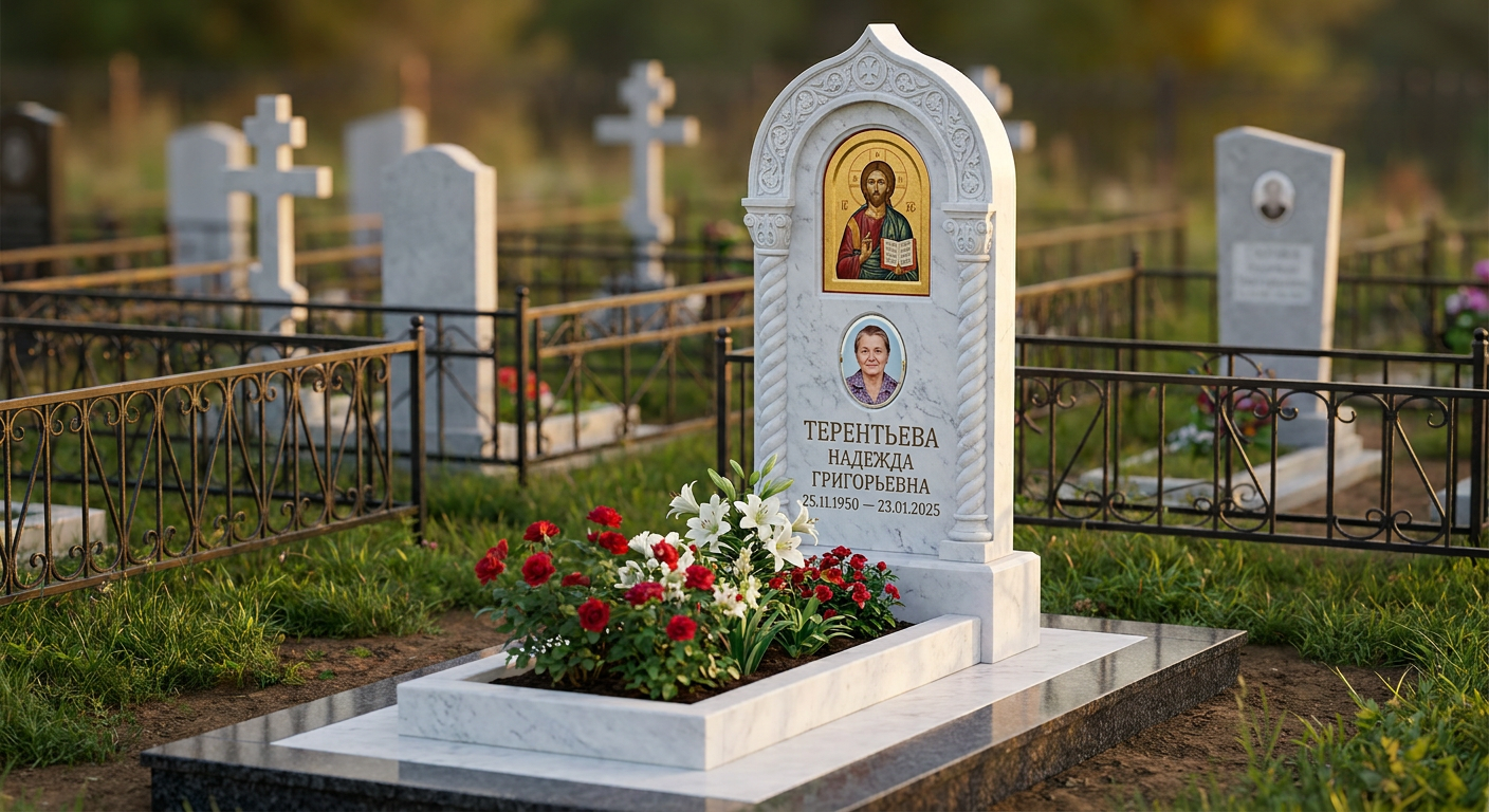 Пример дизайна: Гранитный памятник фигурный с гравировкой дуба и оградой — фото и цена