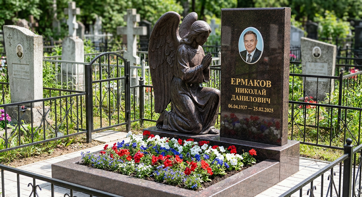 Пример дизайна: Гранитный памятник фигурный с гравировкой звезды и оградой — фото и цена