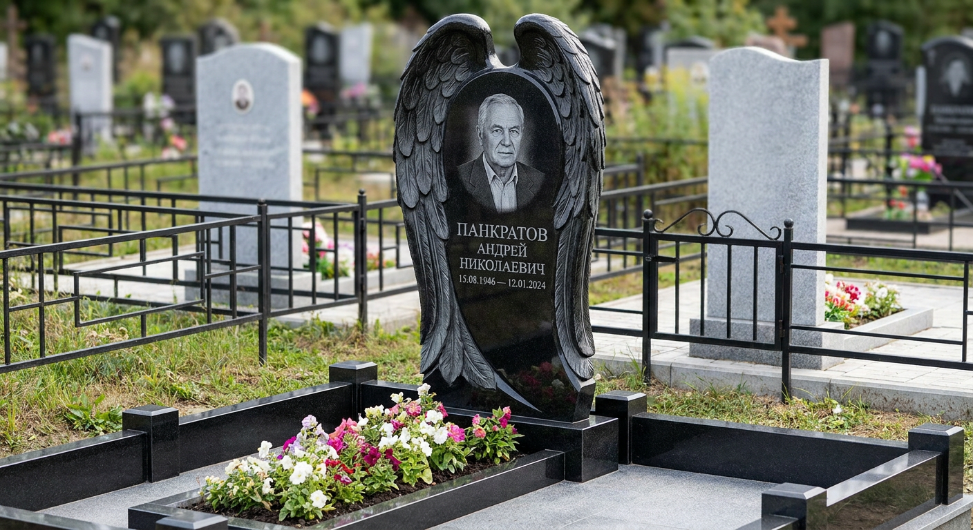 Пример дизайна: Гранитный памятник из красного гранита с цветником и оградой — фото и цена