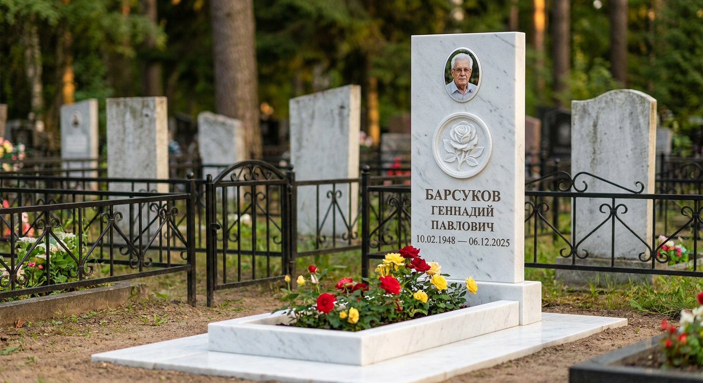 Пример дизайна: Мемориал с розой из белого мрамора с портретом
