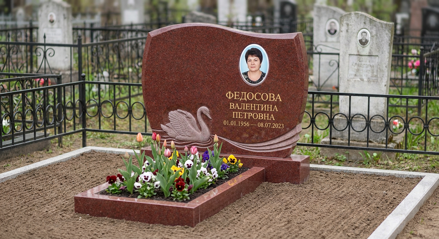 Пример дизайна: Памятник с лебедем из лезниковского гранита с портретом
