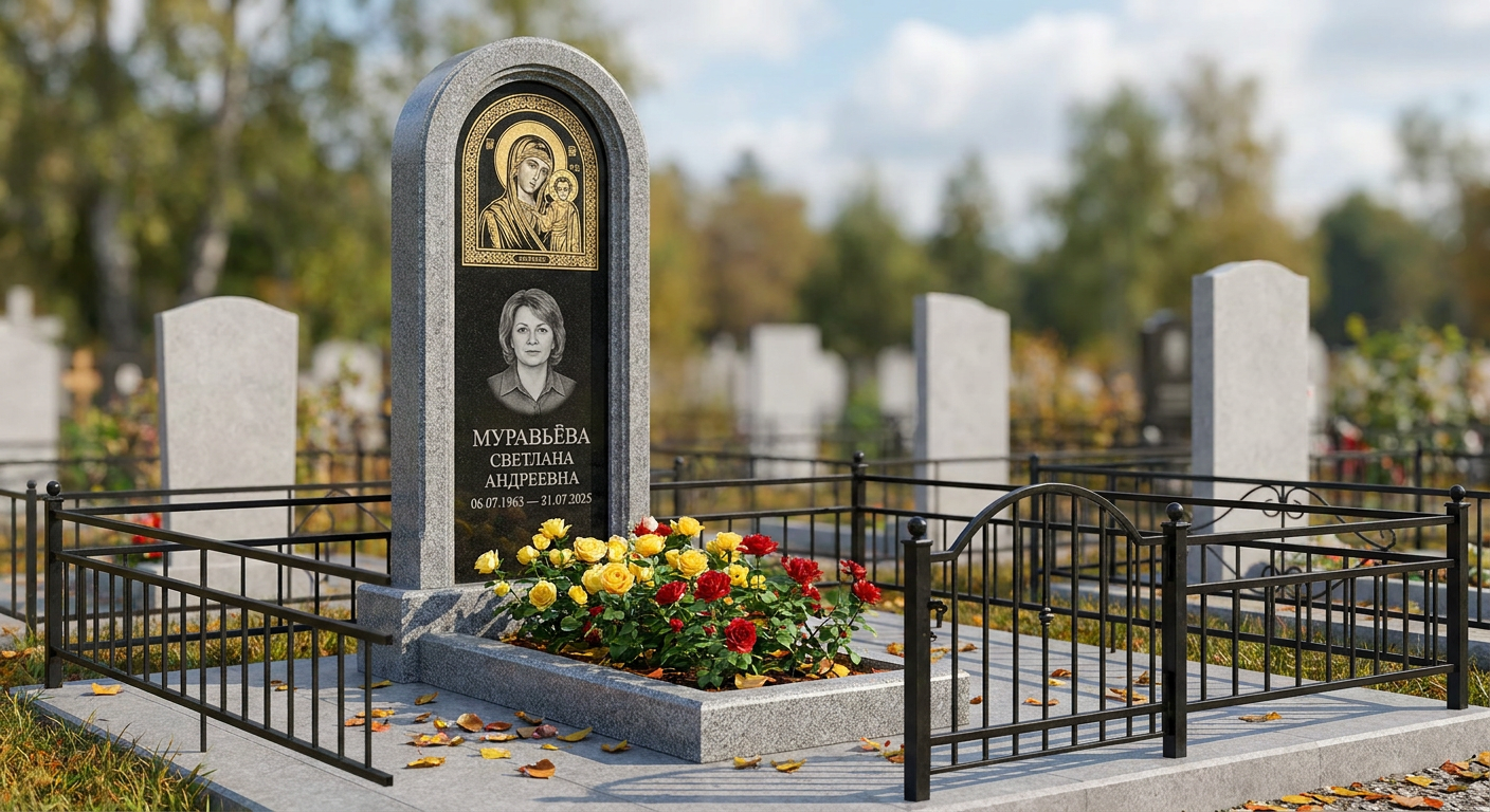 Пример дизайна: Памятник-стела с иконой богородицы из мансуровского гранита с золоченым окладом