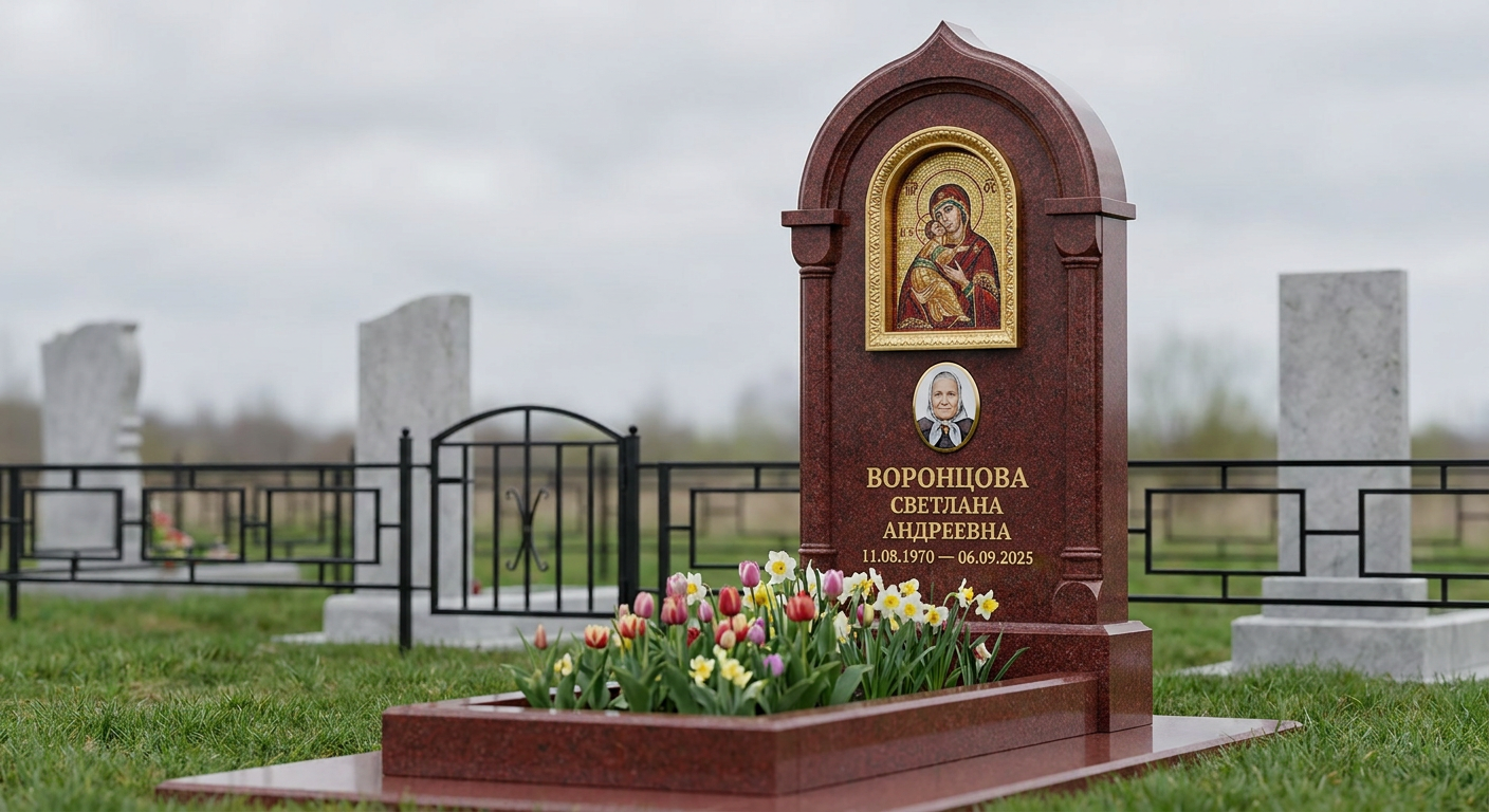 Пример дизайна: Памятник-часовня с мозаичной иконой из лезниковского гранита с овальной фотокерамикой