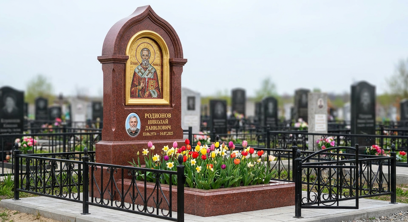 Пример дизайна: Памятник с мозаичной иконой из лезниковского гранита с цветной фотокерамикой
