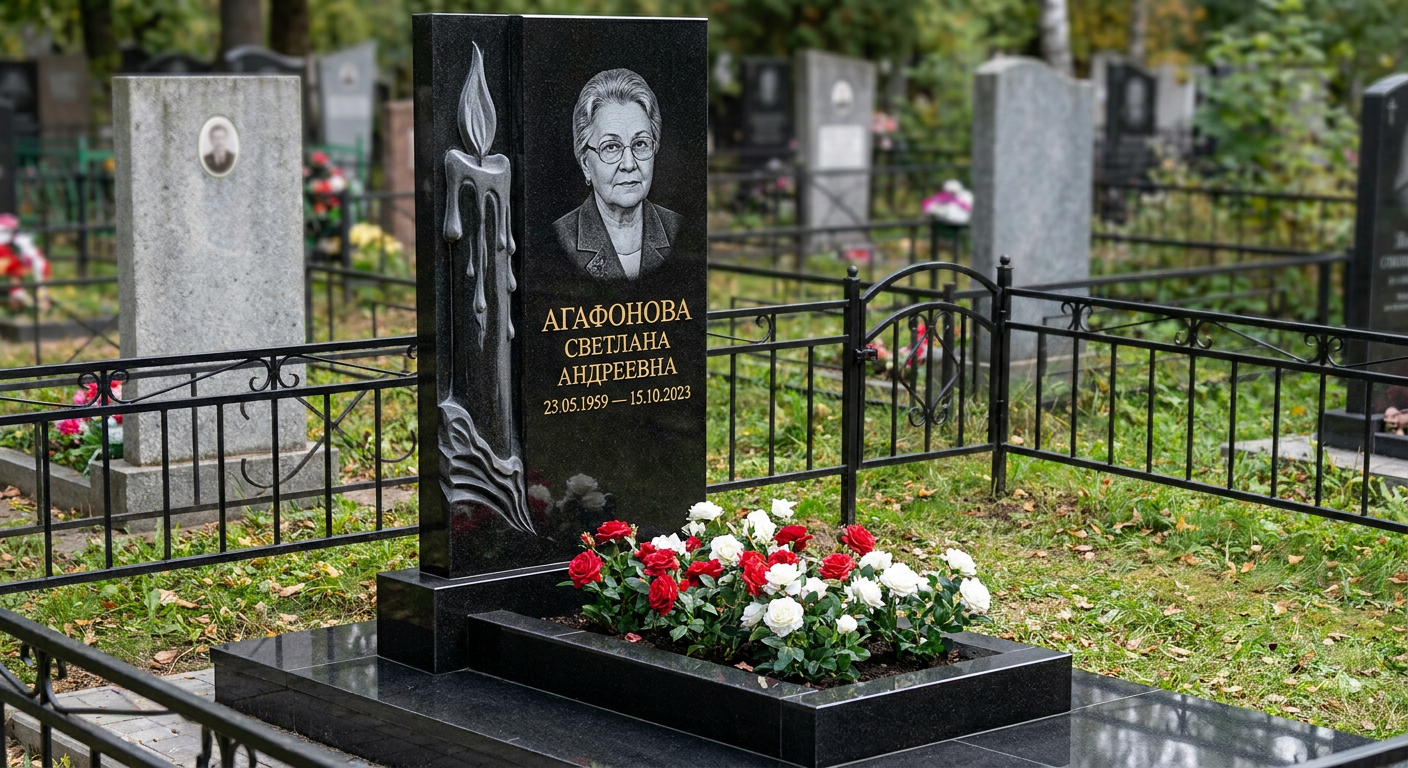 Пример дизайна: памятник с горящей свечой из габбро-диабаза с фотопортретом