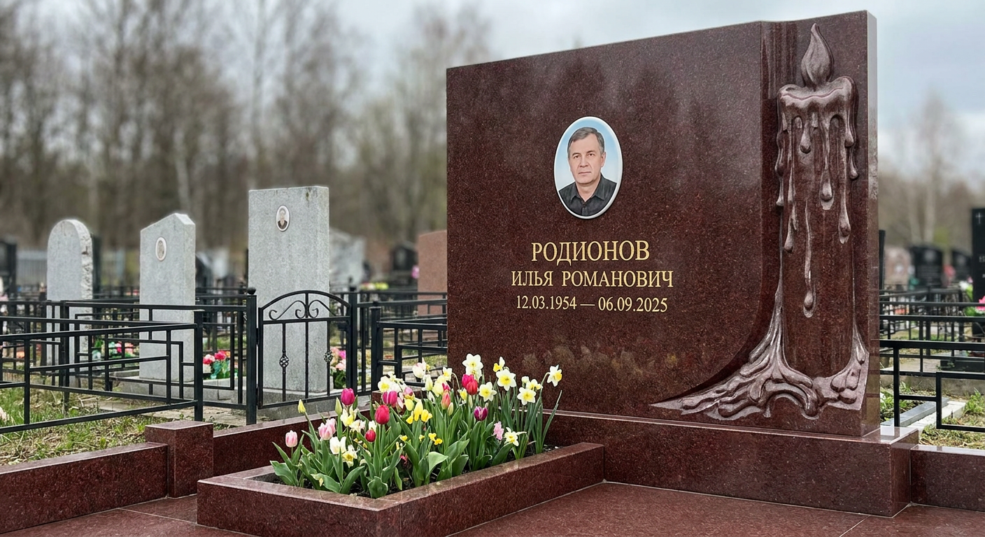 Пример дизайна: памятник скульптура свеча из красного гранита Лезниковский с портретом