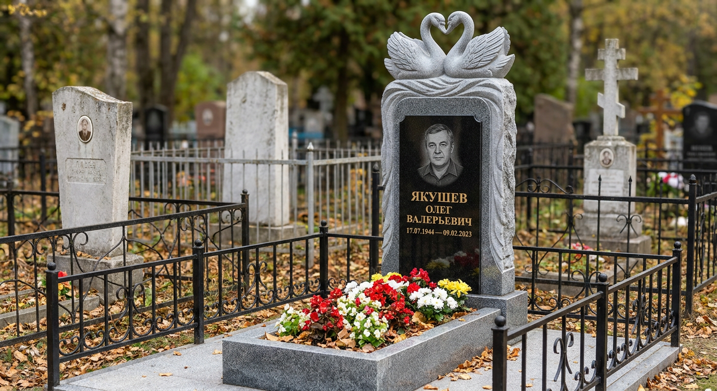 Пример дизайна: Памятник с лебедем из серого мансуровского гранита с портретом