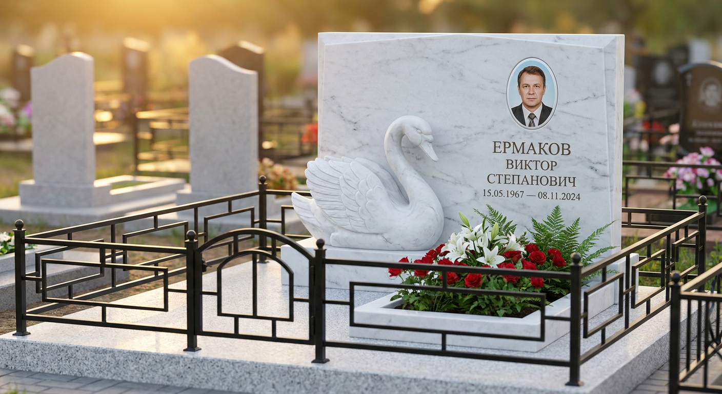 Пример дизайна: памятник с лебедем из белого мрамора вертикальная стела