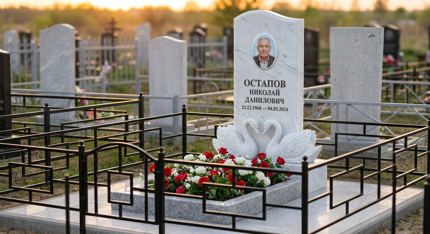 Пример дизайна: беломраморный памятник с лебедем и портретом