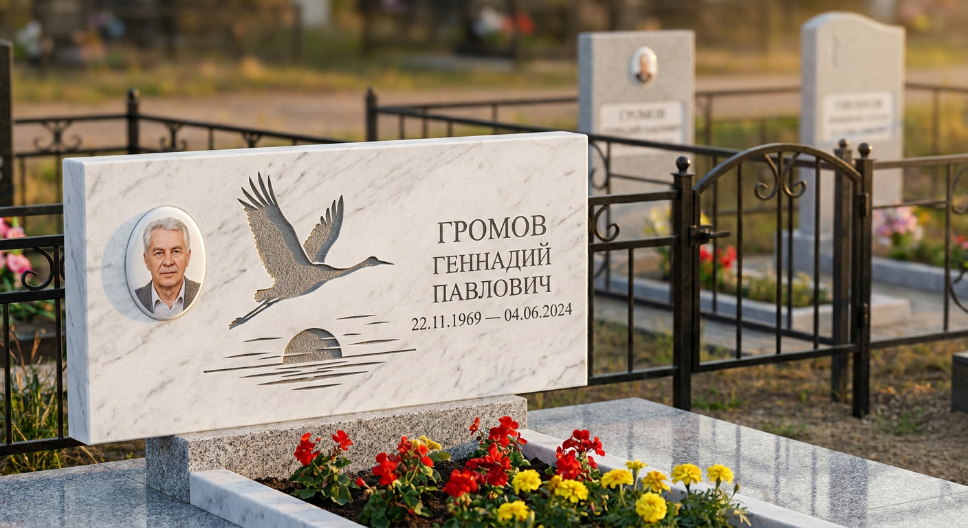 Пример дизайна: Мраморный памятник с журавлями и портретом