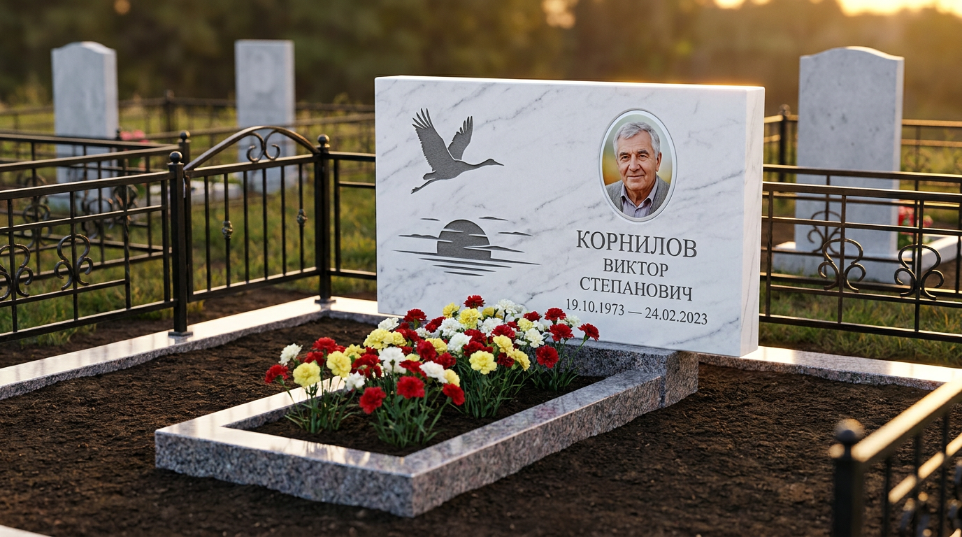 Пример дизайна: Памятник с журавлями из белого мрамора с портретом