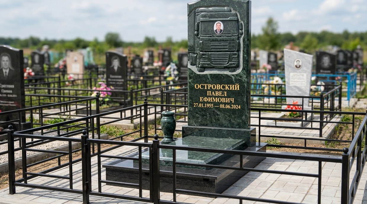 Пример дизайна: Гранитный памятник с барельефом грузовика — фото и цена