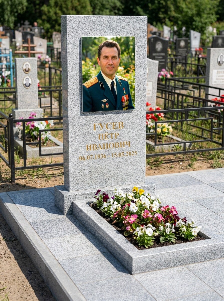 Портрет на памятнике в Норильске — Прямоугольник на гранитной стеле, ФИО и даты на портрете